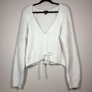 Fluffy white sweater drawstring front vee neck cozy ribbed winter fall size L